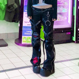 Ribbon Patchwork Punk Black Y2K Pants Women Printed Streetwear Hippie Cargo Pants Baggy Grunge Goth Zipper Hip Hop