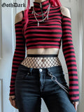 Dark Grunge Striped Mall Gothic Basic T-shirts Punk E-girl Aesthetic Bodycon Casual Crop Tops Long Sleeve Open Shoulder