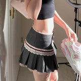 Style Playful Girl Striped Lace Bow Knot Pleated Skirt 2024 Spring / Summer New Low-Waist Skirt With Lining-Outfit