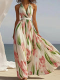 Fongt Women's Sleeveless V-Neck Digital Print Belt Dress Dress