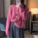 New Spring And Autumn Style Pure Color Sweet Wind Knitted Cardigan Women's Coat Round Collar With Large Buttons And High-Grade Sensitive Woolen Clothes-Outfit