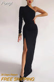 Shoulder Elegant Maxi Dress Diagonal Collar Side Split Sexy Long Summer Dress 2023 Women's Party Evening Dresses Black