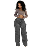 Fongt Women's Straight Jeans Women's Autumn Street Trendy Detachable Buttons High-Rise Pants