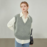 Women's Winter V-neck All-match Grey Sweater Vest Khaki Knitted Vest Pullovers Office Lady Green Retro Sweaters