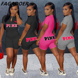 Fashion PINK Letter Print Skinny Playsuit Short Sleeve Solid Zipper Rompers Female Elastic Slim Bodysuits Summer