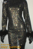 Bling Mesh Feathers Rhinestone Women Dress Long Sleeves Diamond Fishnet Hollow Out See Through Evening Party