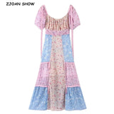 Short Puff Sleeve Contrast Color Flower Dress Women Romantic Square neck Ruched front Hem Patchwork Long Dresses