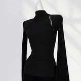 Fongt Horn Sleeve Slim Jacket Chic Inside Hollow Out Half High Collar Bottom Shirt Spring Women's Hot Girls-Outfit