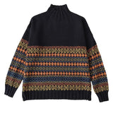 Half High Collar Vintage Jacquard Sweaters Autumn Winter Casual Chic Long Sleeve Loose Knitted Jumpers Female Clothing-Outfit