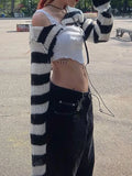 Dark Knitted Striped Gothic Casual Smock Tops Casual Long Sleeve Y2k Vintage Crop Overshirts Women Grunge Summer Shrug