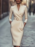 Fongt Elegant Spring And Autumn Long Sleeve Pocket Dress With Belt
