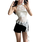 Fongt Summer New Women's Pure Desire Round Collar Hanging Neck Hollow Out Back Irregular Edge Small Vest-Outfit