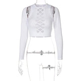 Dark Cyber Y2k Women Hollow Out T-shirts Punk Black White Autumn Sexy Cropped Tops Long Sleeve Patchwork Basic