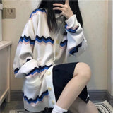 Fongt Wave Color Stripe Knit Cardigan Female Medium Long Jacket Coat Autumn 2024 New Style Lazy Wind-Outfit