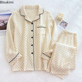 Women's 100% Cotton Gauze Pajama Sets Polka Dot Print Sleepwear Female 2 Piece Set Nightwear Lady Pyjamas Loungewear
