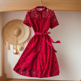 Fongt Retro Famous Style Temperament Dress Heart Lace Short-Sleeved Dress Women's Summer Dress