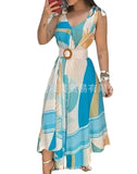 New E-Commerce Blue Lace Dress Female Non-Positioning Printing With Belt In Stock-Outfit