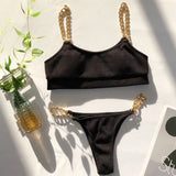 Micro Bikini 2020 Solid Black Push Up Padded Bra Chain Metal Strap Swimsuit Brazilian Bathing Suit Thong Swimwear
