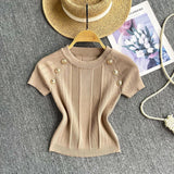 Fongt Girls Knit Round Collar T-Shirt Girls Summer Thin Short Thin Design Feeling Fried Street Pure Desire Top