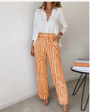 Fongt Summer Women's Casual Long Sleeve Lapel Shirt Print Wide-Leg Pants