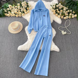 Fongt Wind Pink Tie With Thin Hooded Knitted Long-Sleeved Sweater High-Rise Broad Leggings Embroidery Set