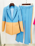 QUALITY Newest 2023 Star Style Designer Runway Suit Set Women's Single Button Color Block Blazer Flare Pants