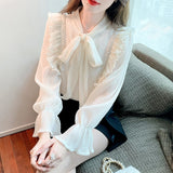 Ruffles Summer Women's Blouse Slim Fit Chiffon Shirt Beaded Long Sleeve Casual Top New Fashion Female 2022 Korean Style