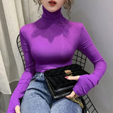 thick t shirt female full hooking sleeve velvet T-shirt girls slim stretchy solid tshirts woman turtleneck tops-Outfit