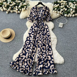 Fongt Dress Holiday Wear Chic Light Leisure V Collar Short Sleeves Tight Waist High Waist Thin Leg Print Jump Trousers