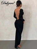 Autumn Ruched Y2K Clothes Long Sleeve Backless O-Neck Bodycon Midi Dresses For Women 2023 Club Birthday Party