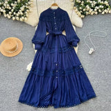 Fongt Style Dress Summer Dress Women's Heavy Industry Hollow Lace Splicing Long French Lantern Sleeve Dress