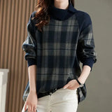 Plaid Patchwork Women's Korean All-match Loose Fashion Turn-down Collar Autumn Winter Thick Warm Drawstring Pullovers-Outfit