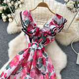 Fongt Elegant Dress Women's Summer Famous High-End Feel Lotle Side V-Neck Waist Thin Print Large Swing Dress