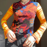 Printed y2k Crop Top Cute Long Sleeve T Shirt V Neck Slim Basic Casual Pullovers Women Retro Harajuku Tee Tops