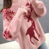 Autumn Winter New Cartoon Christmas Elk Casual Knitted Sweaters Commute Elegant Solid Color Thick Warm Chic O-Neck Jumpers-Outfit