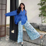 Fongt Folded Broad Leg Pants Women 2025 Summer New Design Folding Printing Leisure Pants Loose Feeling Loose Drag