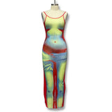 Fongt Dress Design Fun Human Body 3D Printed Bare Back Sling Dress