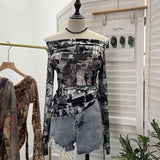 Fongt Graffiti-Printed Shoulder-Threin Mesh Long-Sleeved Blouse Side Drawstring Tethered With Slime T-Shirt 8959