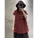 Fongt Linen Short-Sleeved Shirt Women's Summer Loose Thin Leisure Medium Long Thin Cotton Cardigan Top