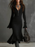 Fongt Fashion Elegant Temperament Zippered Horn Sleeve Knitted Fishtail Skirt