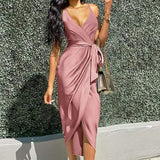 Women Sexy Straps Deep V Neck Dress 2022 Elegant Summer Solid Satin Midi Sundress Casual Lace Up Party Vestido Sarafans