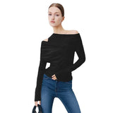 Fongt Women's Autumn New Fashion Sexy Solid Long-Sleeved Shoulder Double-Breasted T-Shirt Top