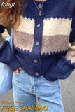 Women Korean Version Patchwork Preppy Style Casual Vintage Single Breasted Baggy All-match Female Sweaters Cozy