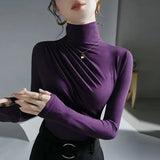 Women Turtleneck Full Sleeve Folds T Shirts Lady High Quality Elegant Elastic Tops Tees Female T-Shirt-Outfit