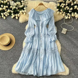 Fongt Retro Design Collar Lotus Side Splicing Single Buckle Horn Lace Lace Waist Dress Woman