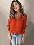 Fongt 2025 New Lace V-Necked Jacket Sweater Lady Loose Long-Sleeved Solid-Colored Sweater
