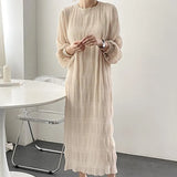 Fongt Chic Gentle And Elegant Round Collar Fold Texture Design Loose Leisure Lantern Sleeve Chiffon Dress Woman