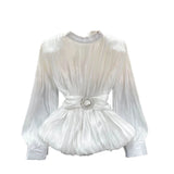 Fongt French-Style Waist-Low-Down Shirt Female Careful Machine Strap Design With A Chic Folded Lotus Leaves Hem French Top
