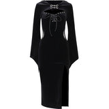 Halloween New Women's Dress Dark Temperament Hat Horn Sleeve Spider Web Dress-Outfit