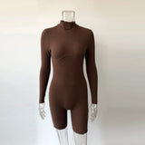 2021 New Arrival Women's Spring Sexy Solid Color Shorts Suit Tight Casual High Cllar Long Sleeve One